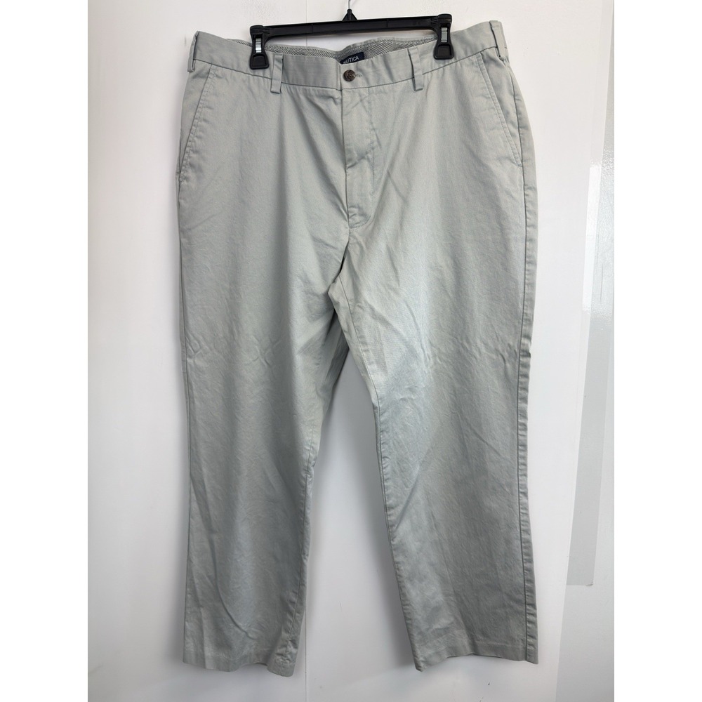 Nautica Mens Cotton Pants 40X29 Classic Fit Textured Stripes Grey Flat Front